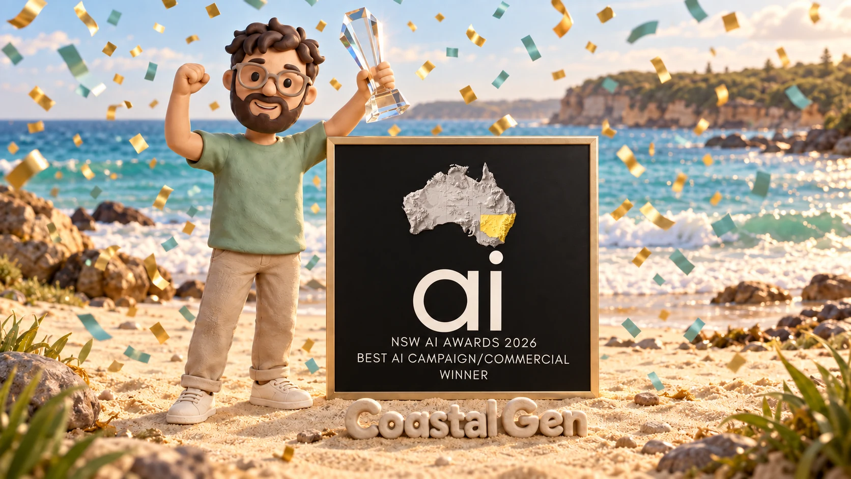 Illustration of Toby celebrating CoastalGen's Best AI Campaign/Commercial win at the NSW AI Awards 2026, holding a glass trophy beside the winner artwork on a beach.